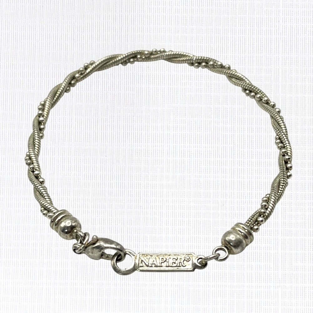 Vintage Napier Bracelet Silver Tone Twisted Snake Ball Bead Chains 7.5" Jewelry